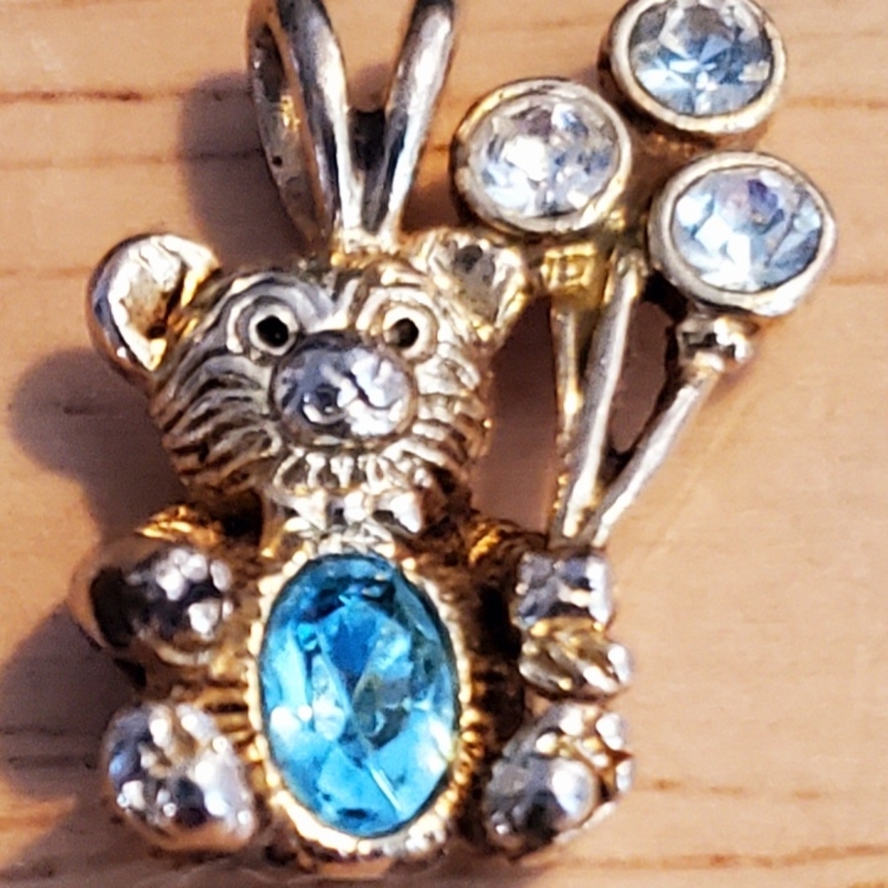 Vintage Goldtone and Silvertone Bear Pendant with Blue Gem